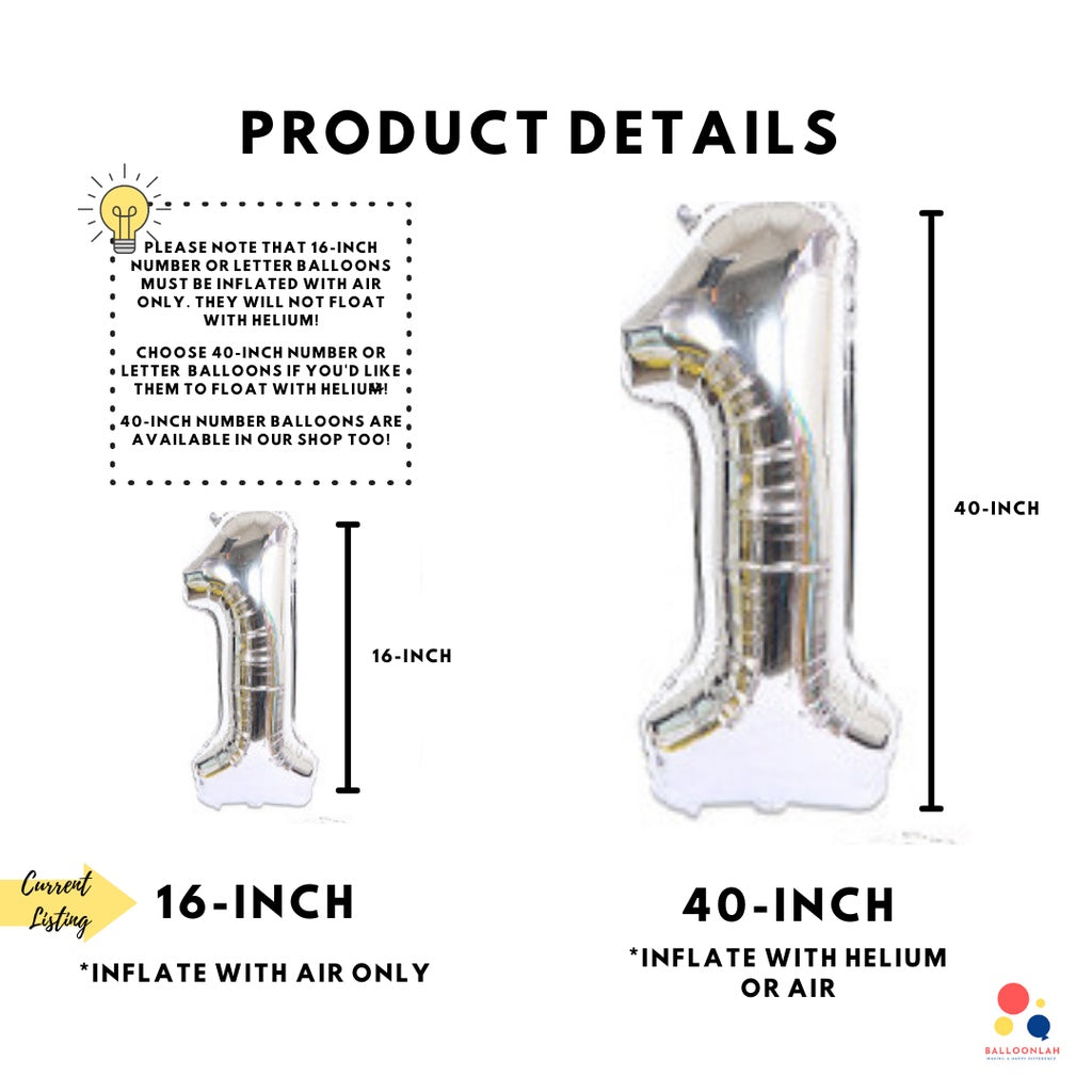 16-inch Silver Letter Foil Number Foil Balloons Air [READY STOCK IN SG]