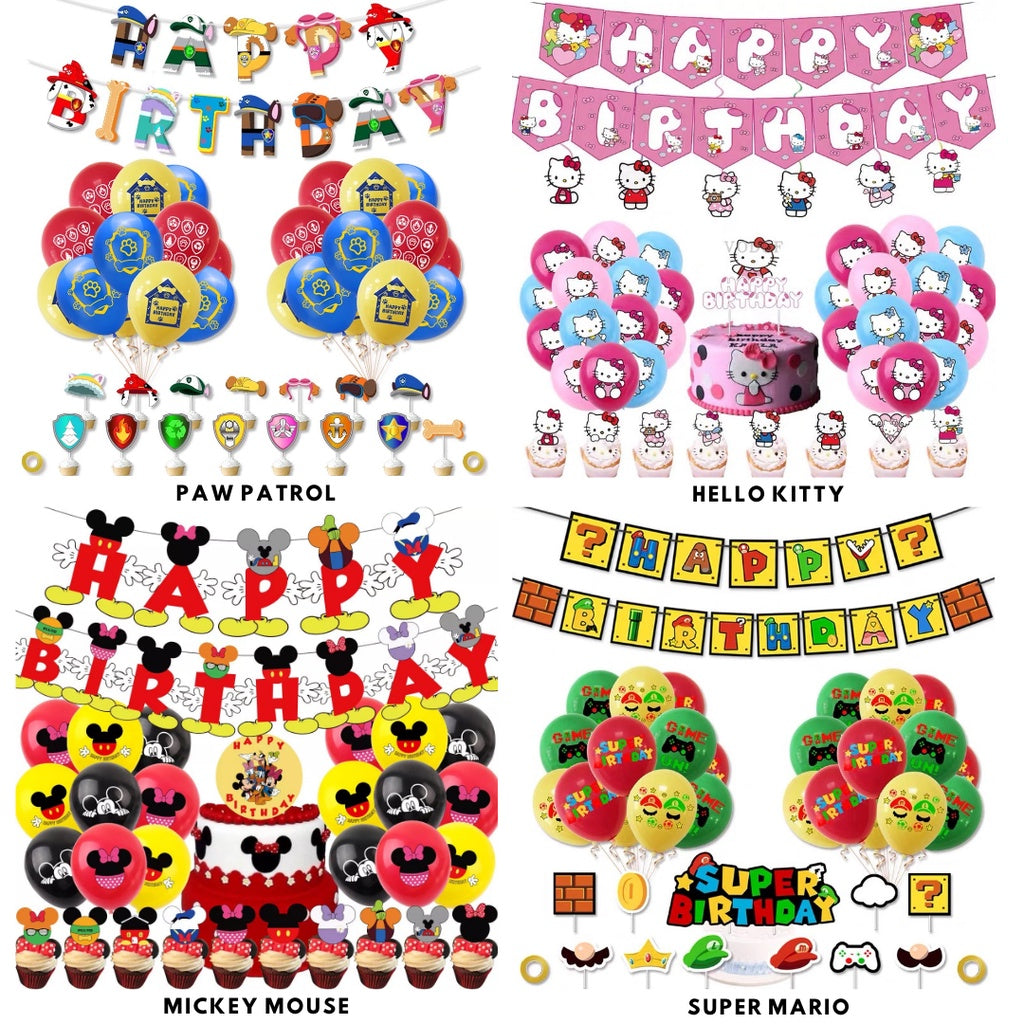 Cartoon Themed Birthday Party Set - Balloons | Banner | Cake Topper [READY STOCK IN SG] *FREE BALLOON PUMP & GLUE DOTS*