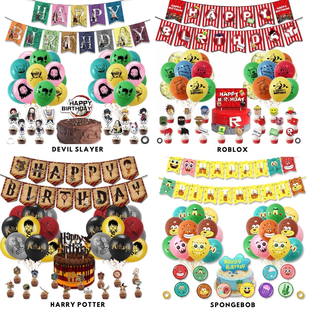 Cartoon Themed Birthday Party Set - Balloons | Banner | Cake Topper [READY STOCK IN SG] *FREE BALLOON PUMP & GLUE DOTS*