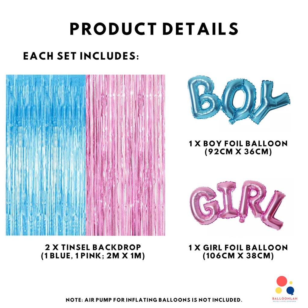 Gender Reveal Tinsel Backdrop Set Party Decoration Balloons [READY STOCK IN SG]