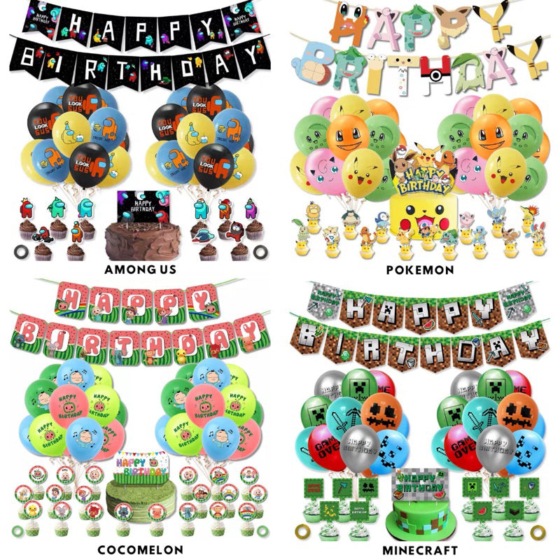 Cartoon Themed Birthday Party Set - Balloons | Banner | Cake Topper [READY STOCK IN SG] *FREE BALLOON PUMP & GLUE DOTS*