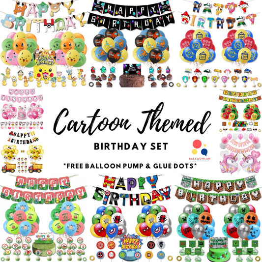 Cartoon Themed Birthday Party Set - Balloons | Banner | Cake Topper [READY STOCK IN SG] *FREE BALLOON PUMP & GLUE DOTS*