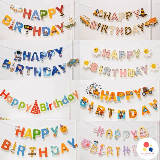 Happy Birthday Party Banner Party Bunting Traffic Construction Daisy Planet Space [READY STOCK IN SG]