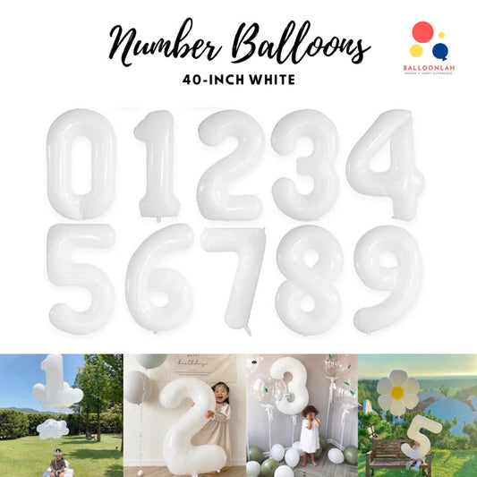 40-inch White Number Foil Balloons Helium [READY STOCK IN SG]