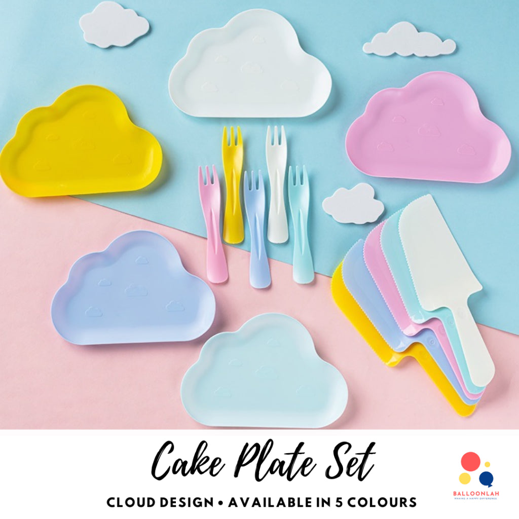 Pastel Cake Plate Set Party Cultery Set Disposable Cloud[Ready Stock in SG]