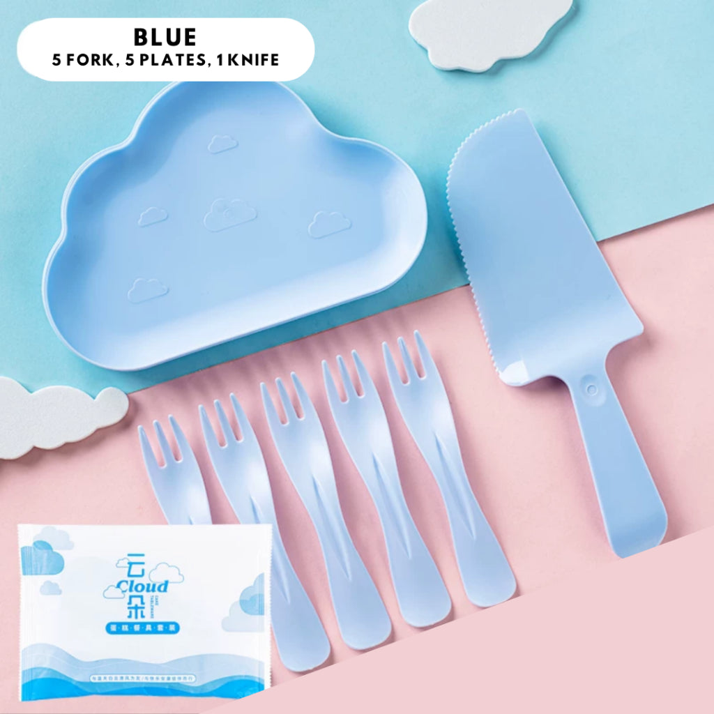 Pastel Cake Plate Set Party Cultery Set Disposable Cloud[Ready Stock in SG]