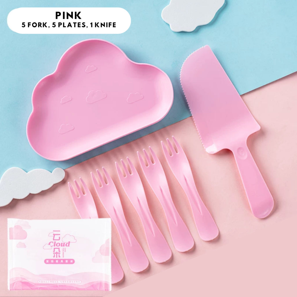 Pastel Cake Plate Set Party Cultery Set Disposable Cloud[Ready Stock in SG]